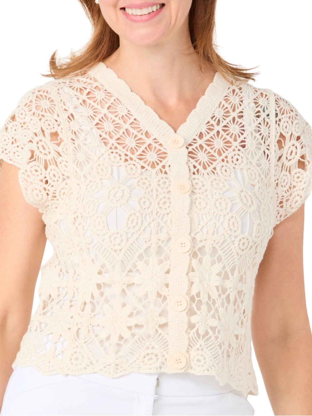 Crochet Button-Front Top - Cream